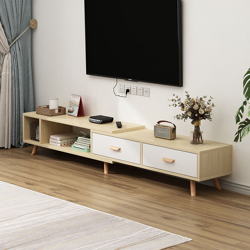 木匠印記客廳電視柜簡約現(xiàn)代地柜實木腿可伸縮電視柜茶幾組合電視機柜子 橡木色兩抽 120-180cm