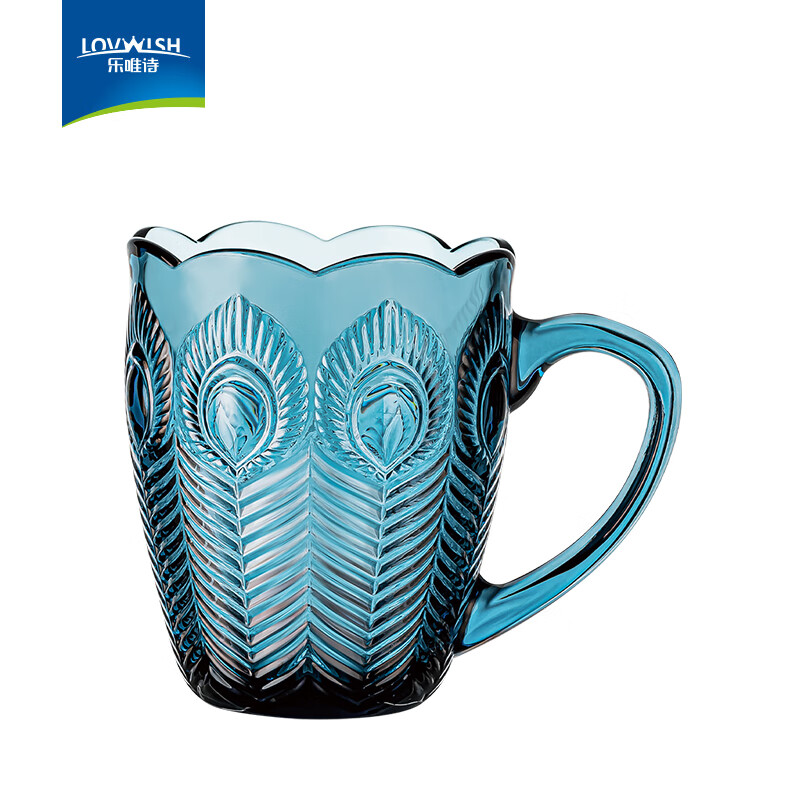 乐唯诗（NERVISHI）孔雀浮雕玻璃杯墨蓝色高级感杯子泡燕麦早餐杯家用女牛奶咖啡杯 墨兰孔雀杯【原色玻璃】300ml1只