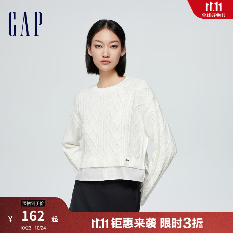 Gap女装2024春季新款简约百搭绞花肌理开叉圆领毛衣针织衫417152 白色 160/80A(S) 亚洲尺码