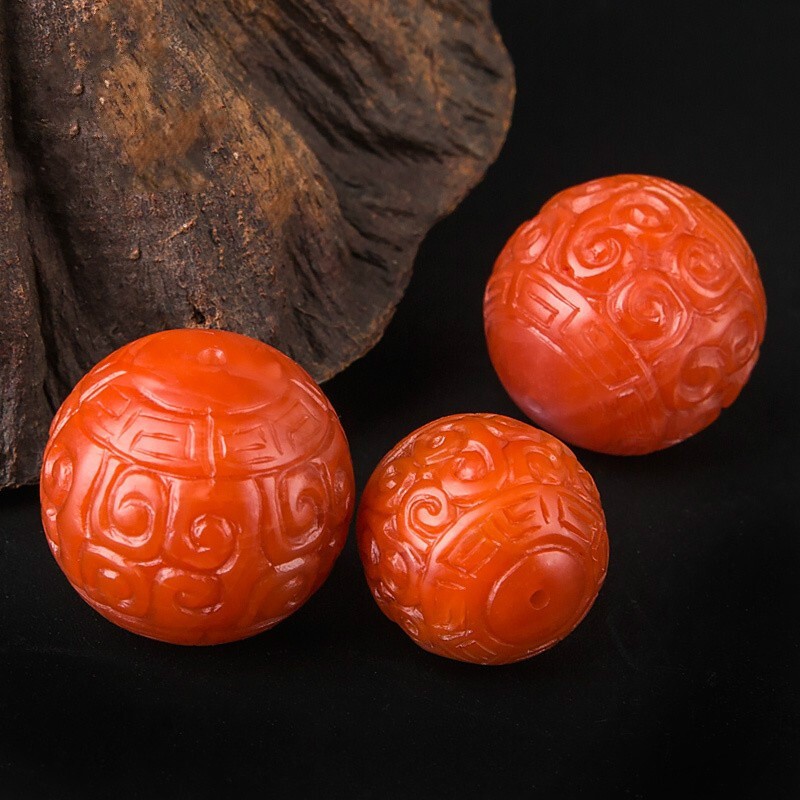顶盈 云南保山南红回纹珠散珠 单颗满肉柿子红玛瑙圆珠 隔珠手串佛珠