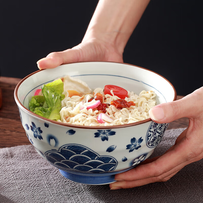 靓佳花之海釉下彩7英寸1个装加厚高脚大号面碗汤碗 陶瓷碗 防烫碗