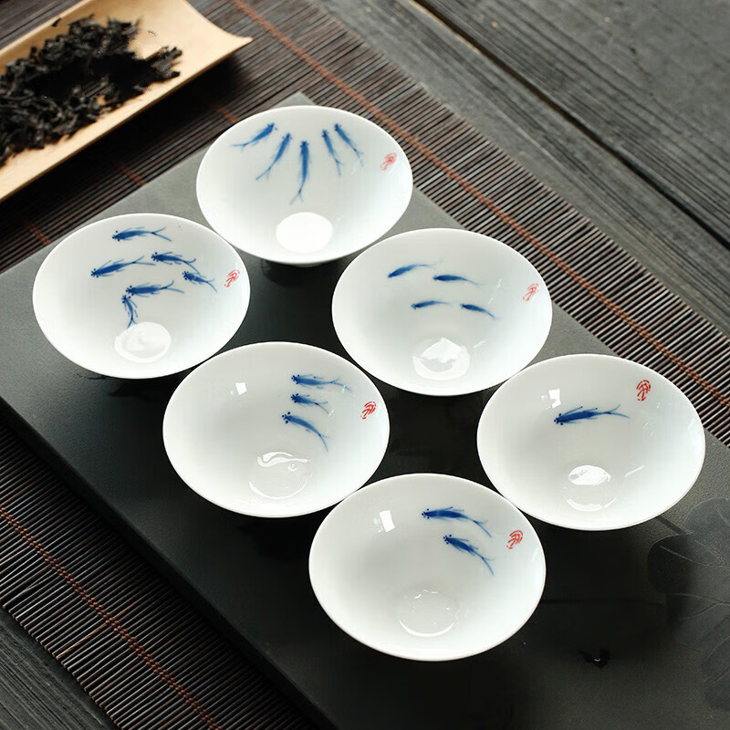 uoso小鱼茶杯青花釉下手绘斗笠杯6个中式品茗子套装斗茶功夫茶具陶瓷