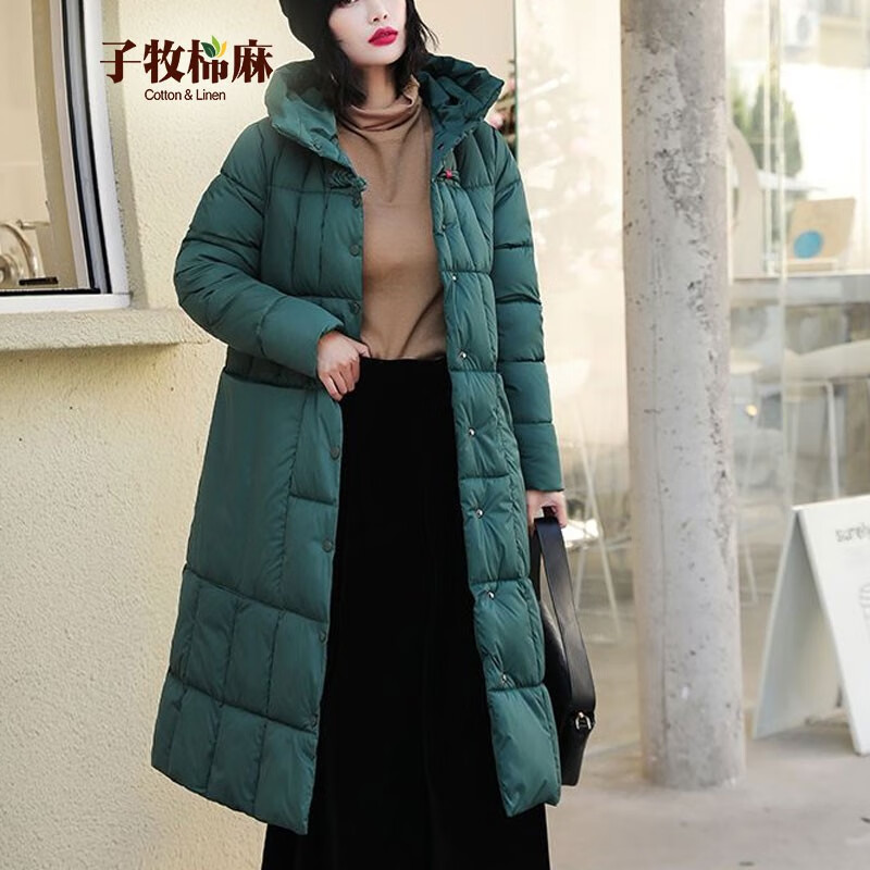 子牧棉麻2023冬装女韩版加厚棉服中长款复古民族风连帽棉衣棉袄外套