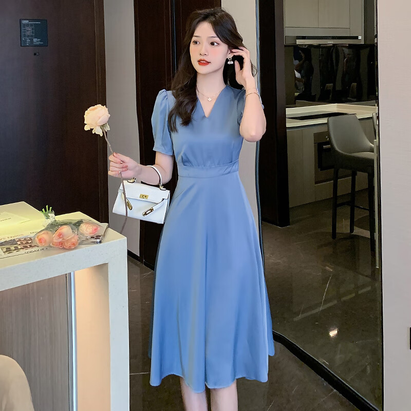 中长款显瘦新款连衣裙韩版短袖气质蓝色领女潮高腰女装v夏季裙子 蓝色