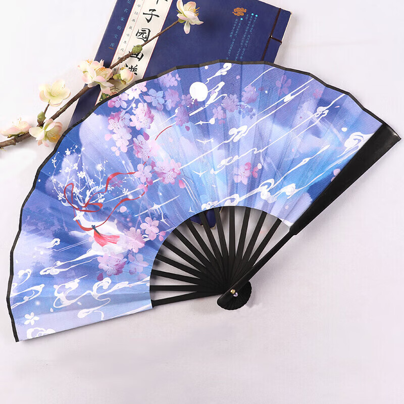 古风扇子超仙中国风汉服舞蹈折扇女夏季随身手工绢布折叠竹扇 浅蓝色