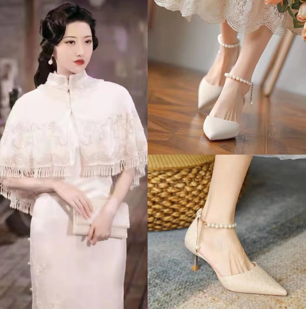 菲洛曼搭配旗袍的鞋子司藤高跟鞋女一字扣珍珠带凉单鞋 香槟色(带金粉