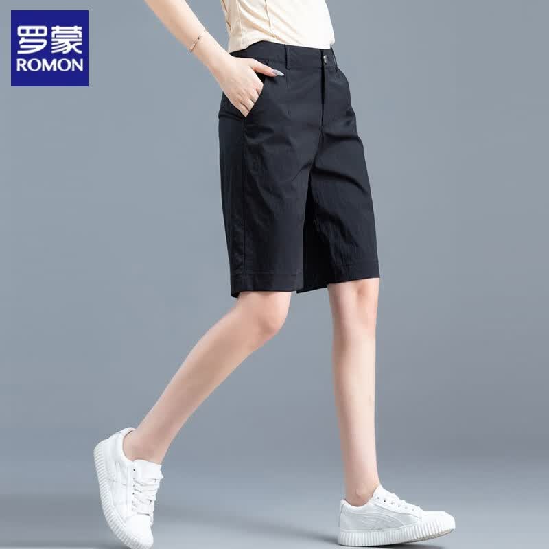 罗蒙（ROMON）卡其色短裤女夏季五分阔腿裤高腰显瘦韩版宽松薄款休闲直筒中裤 黑色 L (建议110-120斤)怎么看?