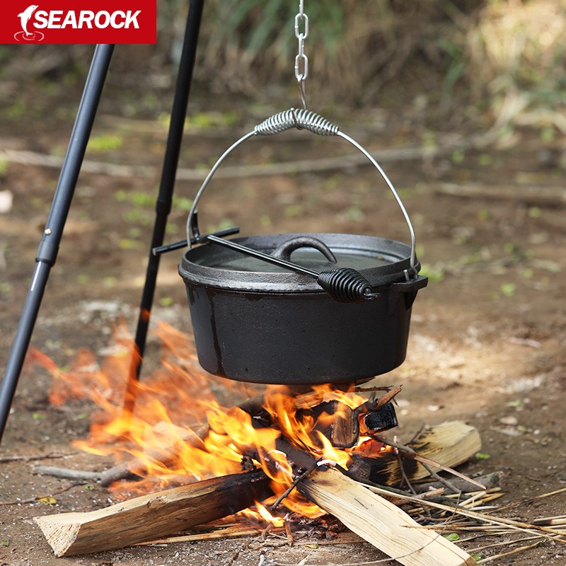 海岩户外铸铁野营锅荷兰锅吊锅炖锅烧烤锅便携野外炖锅厨房汤锅火锅