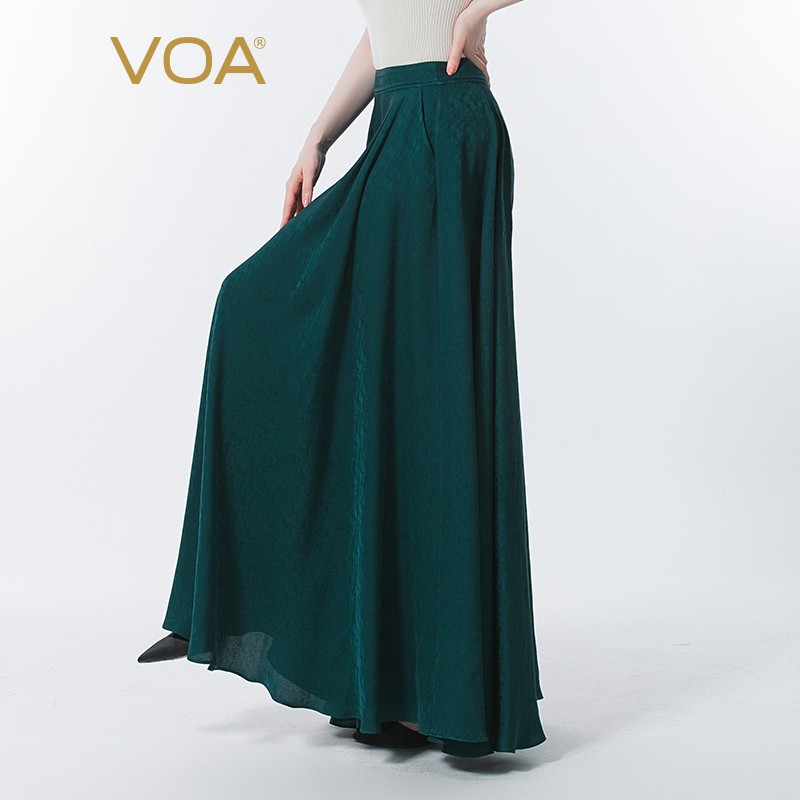VOA真丝提花自然腰隐形侧拉斜插口袋休闲清爽透气阔腿裤 KE530 孔雀绿（G03） 160/M