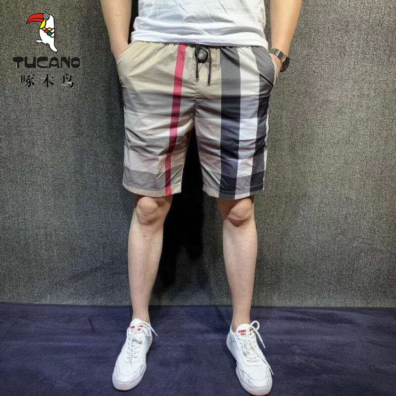 啄木鸟夏季薄款速干短裤男潮牌修身拼色花格子休闲五分裤百搭弹力沙滩