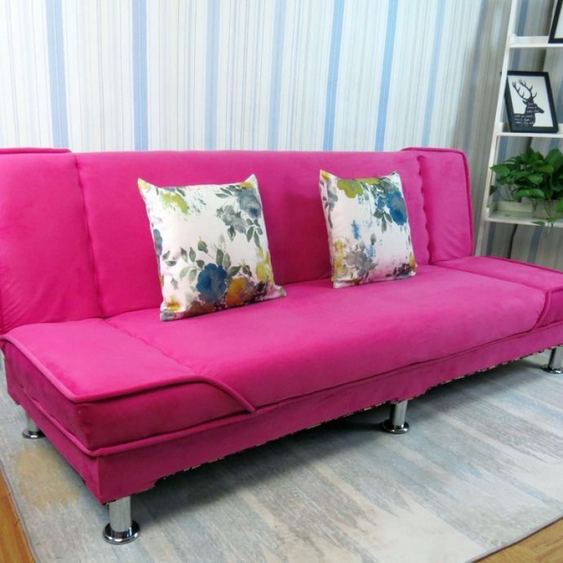 小户型布艺沙发简易客厅可折叠沙发单人双人三人沙发出租房沙发床 玫红色-绒布 双人座长度1.2米：不带抱枕