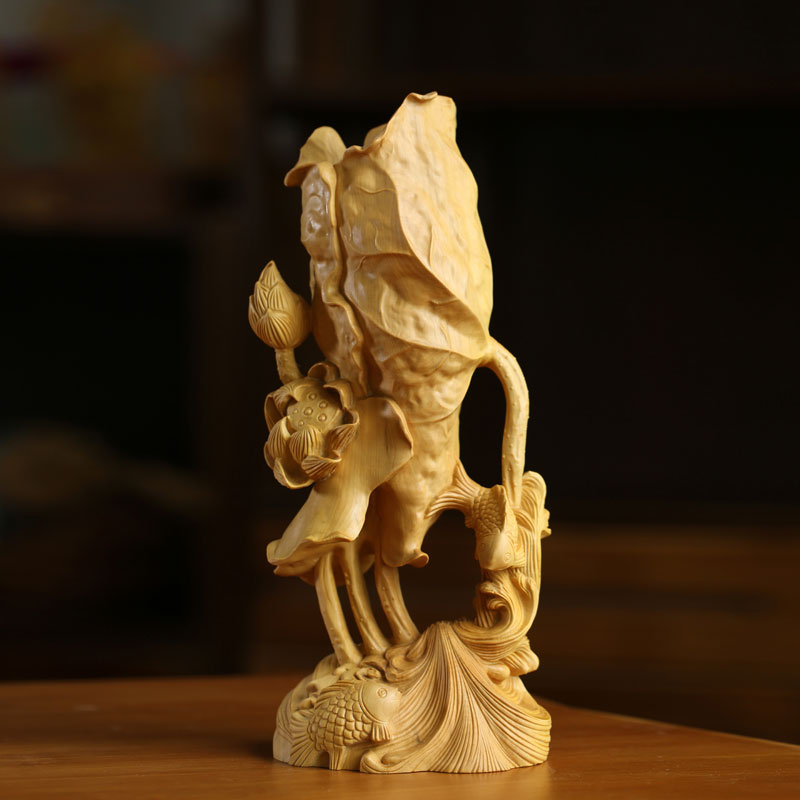 细细木语 黄杨木雕荷叶笔筒创意实木雕刻手工艺品复古禅意办公室摆件