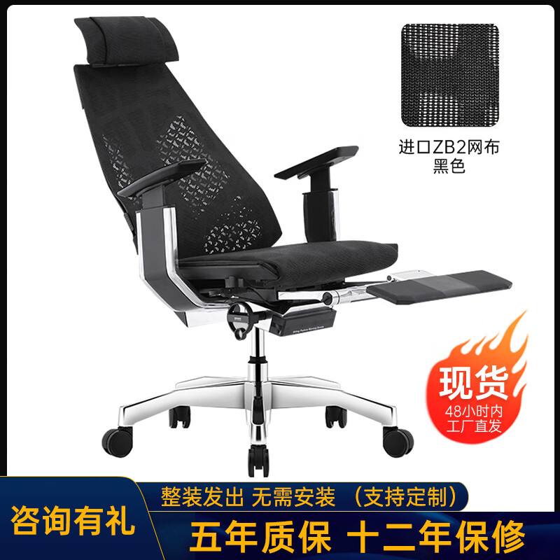 保友办公家具（Ergonor） 保友 基尼迪亚人体工学电脑椅可升降移动旋转电竞椅老板椅办公椅 黑色带躺舒宝（黑框+黑色扶手）