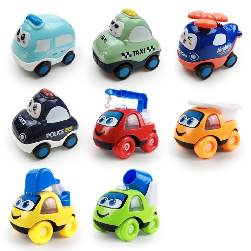 儿童回力惯性车挖掘机小汽车飞机男孩女孩婴儿宝宝玩具工程车套装 笑脸工程4只+卡通惯性4只(8只)