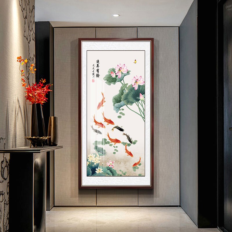 欧艺美 九鱼图玄关装饰画聚财竖版入户过道走廊墙招财挂画新中式壁画