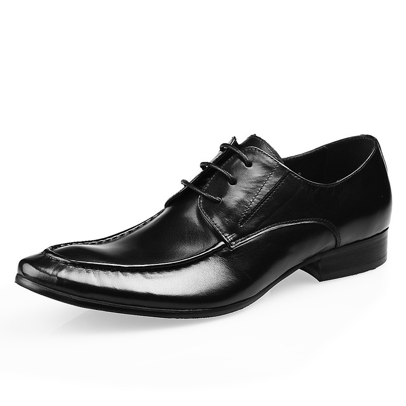 vqgt韩版潮流尖头男皮鞋系带商务正装男鞋头层牛皮手工鞋 黑色   偏