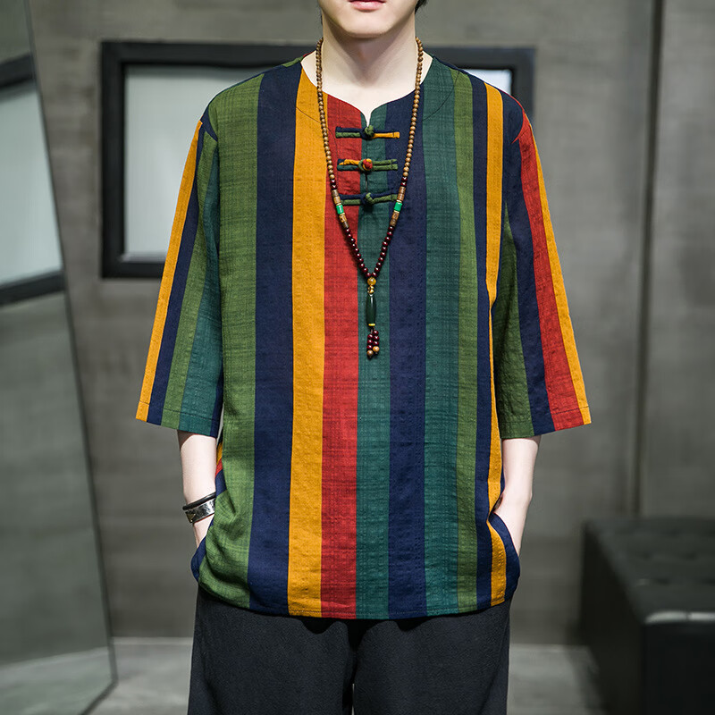 hiewihiewi民族风印花短袖t恤男五分袖中国风男装大码中式短衫棉麻