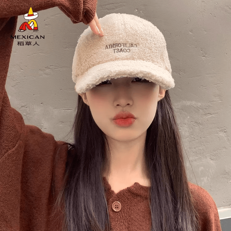 稻草人帽子女棒球帽秋冬季加绒加厚百搭保暖防寒毛绒冬天鸭舌帽 69564【米色】 均码