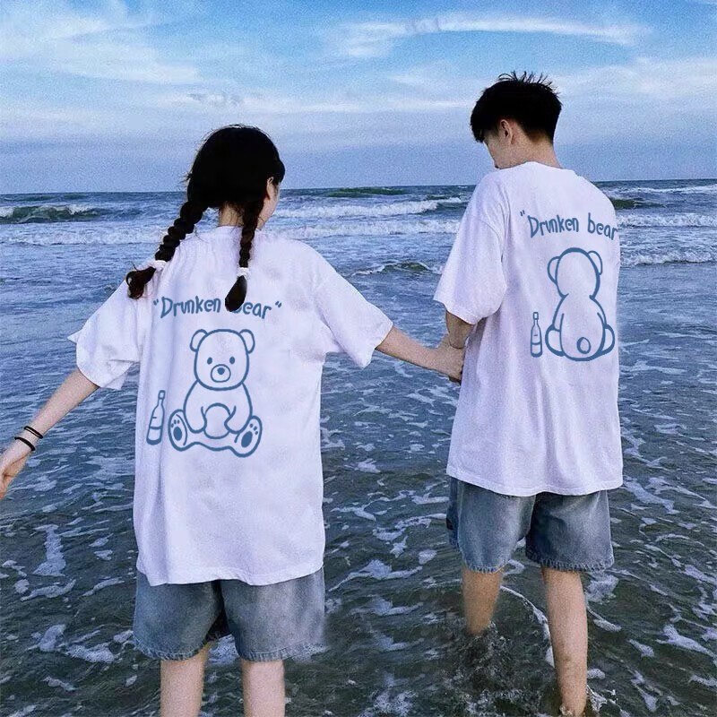 样的情侣装夏天2021新款潮流宽松韩版短袖t 男白 女白(调皮熊)可定制