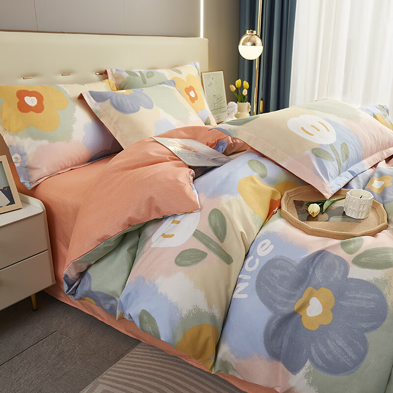 唐纳家纺亲肤棉四件套床上用品套装家用高级感可机洗 亲肤棉四件套-春暖花开 床单款 （被套200*230cm）