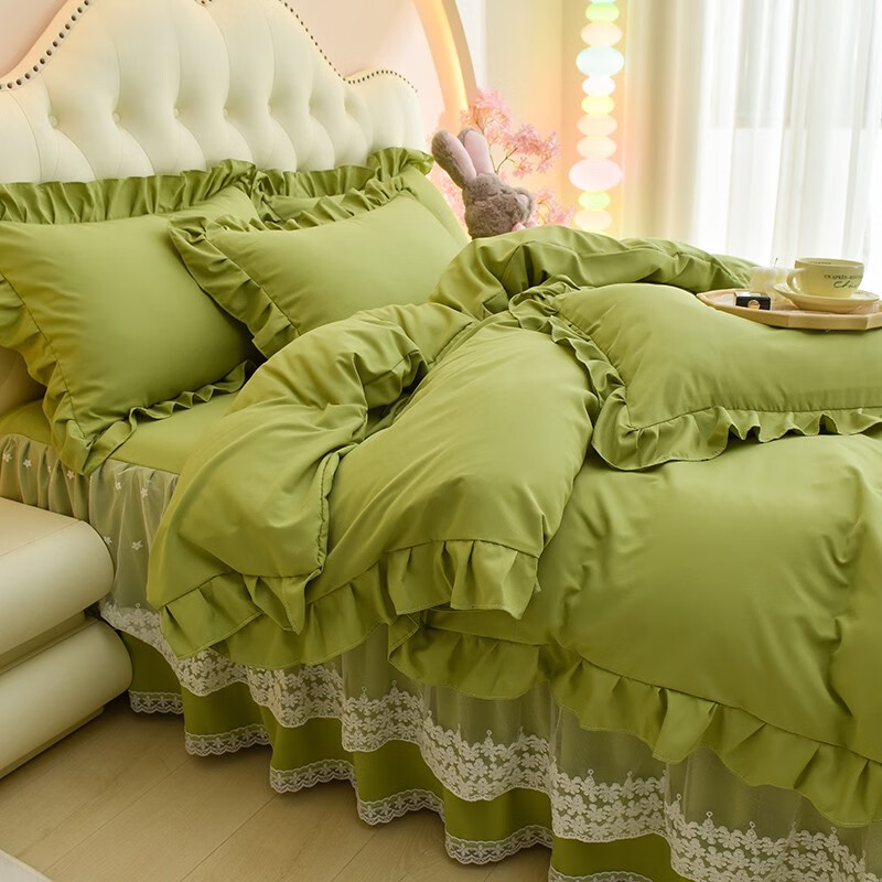 情缘梦（QingYuanMeng）床裙四件套韩版公主风床罩式纯色蕾丝花边床单被套床上用品四季款 牛油果绿 1.5床-床裙款四件套-被套2*2.3M