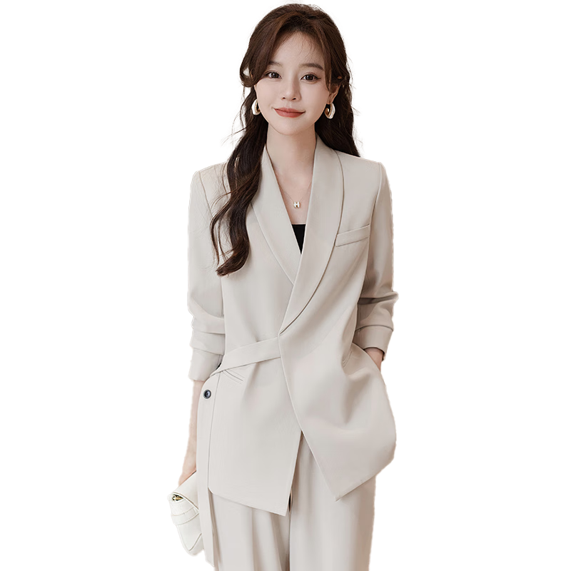 簡蜓西裝套裝女休閑時尚職業(yè)裝西服兩件套裝春秋氣質高級感女神闊腿褲 黑色西裝+西褲+吊帶（腰帶款） 3XL 【135斤-150斤】