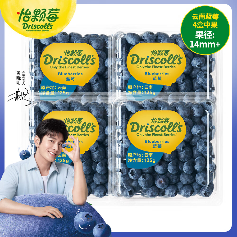 怡颗莓Driscoll's 云南蓝莓14mm+ 4盒装 125g/盒 新鲜水果