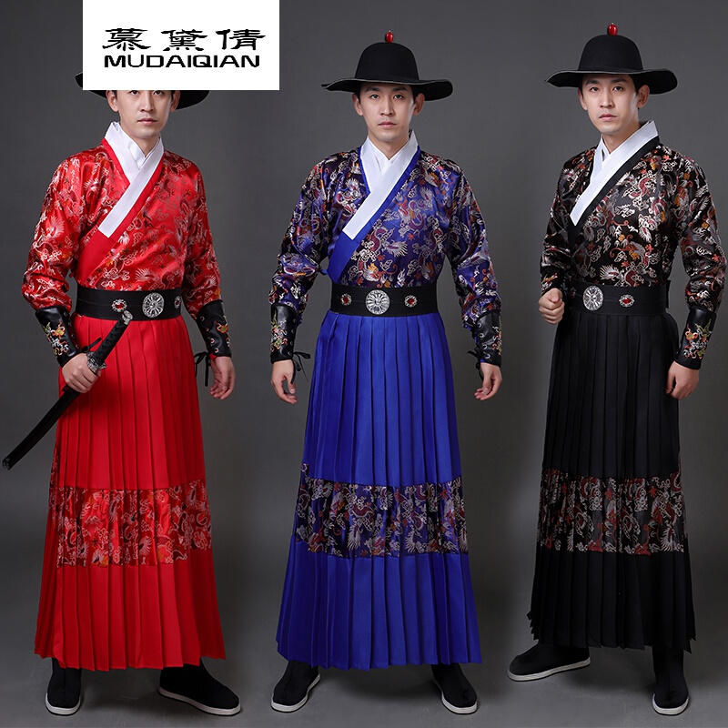 长款蟒袍明制古装武侠服装高端男装(定制) 红色锦衣卫衣服腰带帽子