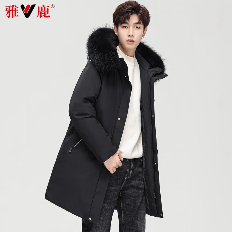 雅鹿羽绒服男中长款秋冬连帽加厚貂子毛领保暖时尚休闲外套派克服男 黑色 3XL