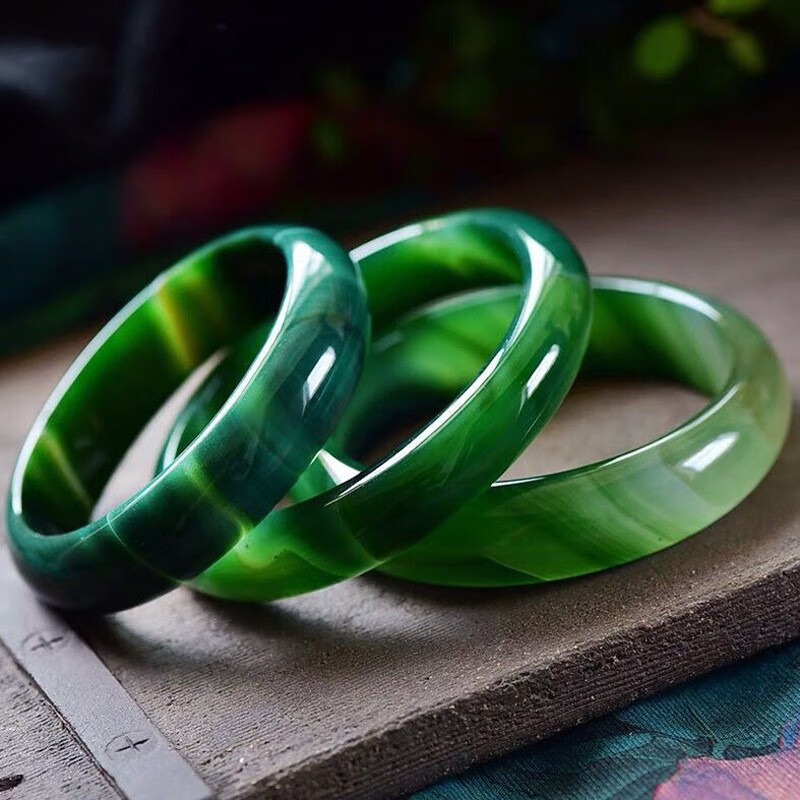 碧绿色缠丝花纹玉髓手镯 绿玛瑙女款玉镯炫石为玉附证书 56mm-57mm