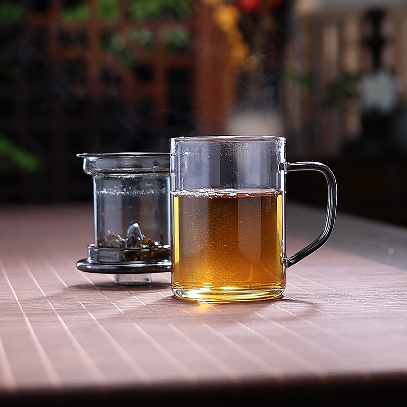 全度高硼硅耐热玻璃加厚茶杯办公室茶水分离三件式泡茶杯家用水杯 观山茶漏三件杯【钮盖】 400ml 1只