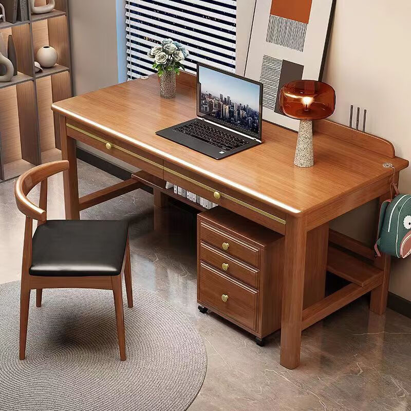 新中式办公卧室写字桌家用书房书桌实木办公桌实木学习桌实木桌子 胡桃色单桌+牛角椅 120*60*80cm(双抽)