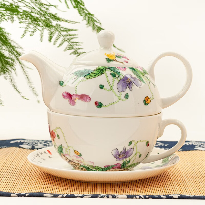 金嵐玉家用唐山骨瓷茶壺咖啡杯壺一杯一壺歐式包金子母壺單人水杯壺 青 虞美人草-子母壺 1個