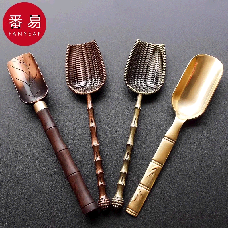 番易【优选百货】木茶勺茶则日式功夫茶具茶道配件匙实木铜小长柄茶铲 竹编青铜茶勺2个