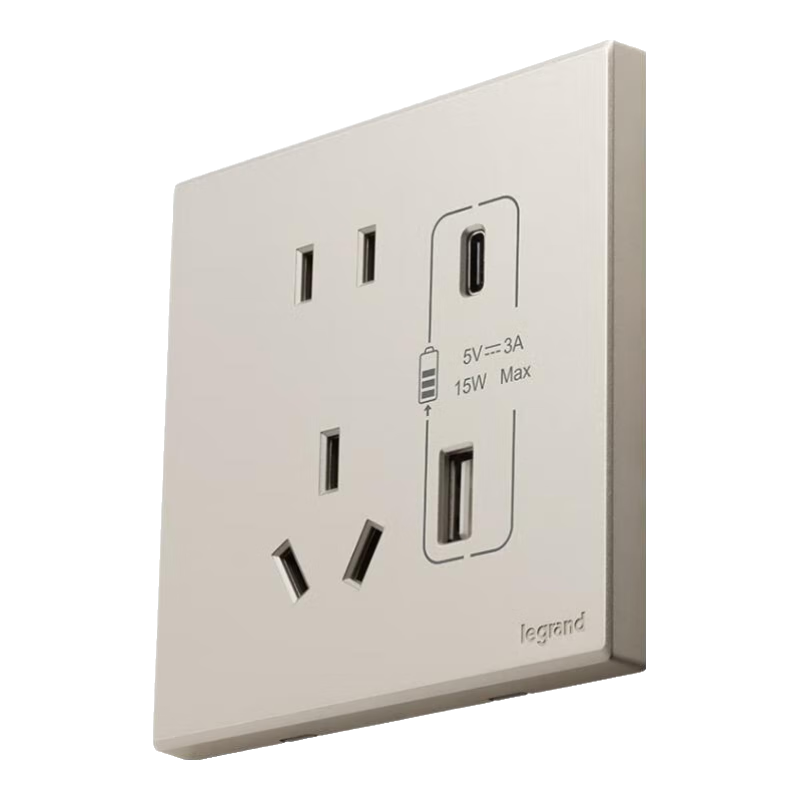 罗格朗（LEGRAND）开关插座面板画采粉铂金色5孔带USB墙壁暗装家用空调86型五孔电源 Type A+C USB充电插座 15W