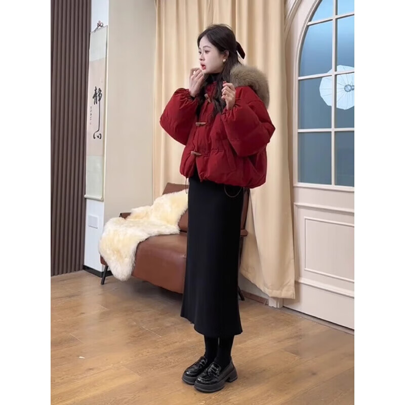 雅黛丝薇新年红色战袍羽绒棉服女棉衣短款外套2025新款冬季小个子棉袄女款 红色 S （建议85-110斤内）