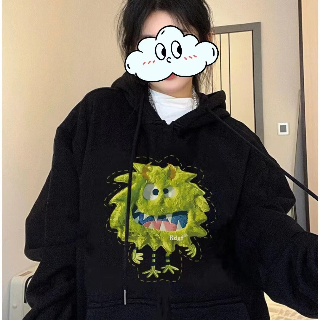 伊渊浅带帽戴帽衫卫衣女士秋冬天有冒的卫衣女刘掌柜黑色连帽秋冬季