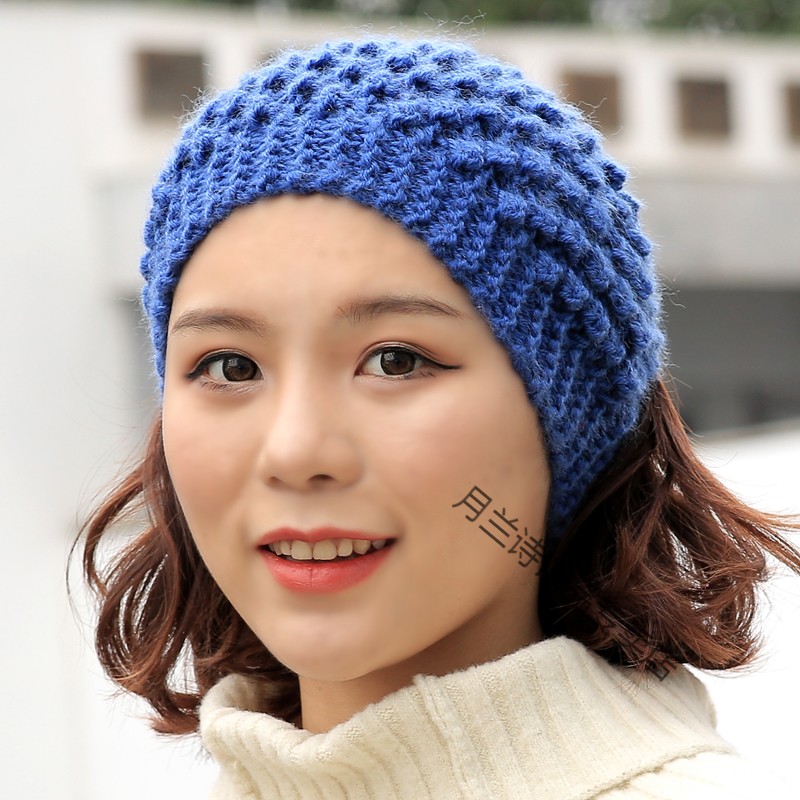 带韩版头饰宽边弹力个性编织欧美女秋冬保暖头巾发带帽 菠萝花宝蓝色