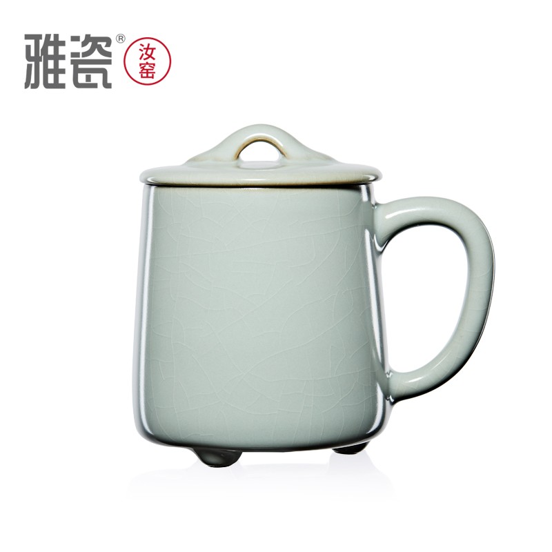 雅瓷汝窑茶杯陶瓷办公室红茶普洱茶会议杯子带盖汝瓷修心杯礼盒装