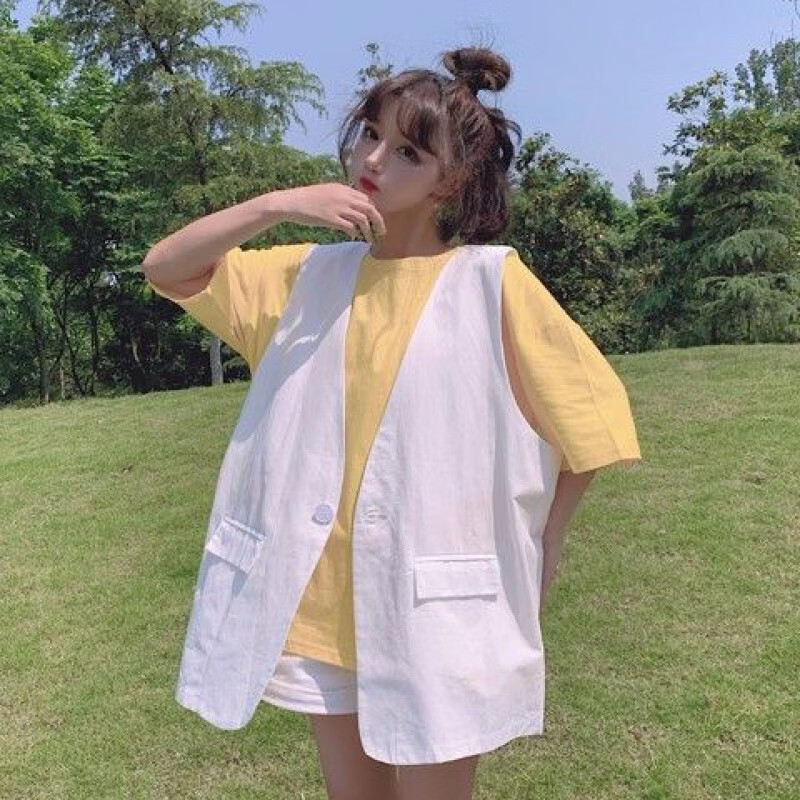 气质胖mm300斤大码马甲套装夏季新款韩版ins宽松t恤外搭马甲 白色马甲