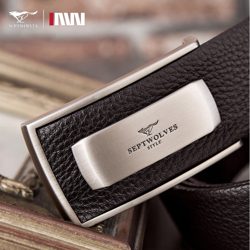 七匹狼真皮板扣皮带男头层牛皮内穿平滑扣软裤腰带生日礼物送男友送爸爸 真皮啡色110-115cm可裁剪礼盒装