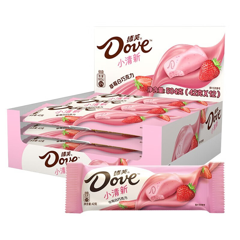 德芙（Dove）巧克力排块丝滑牛奶榛仁多口味圣诞节零食 草莓白巧42g*12