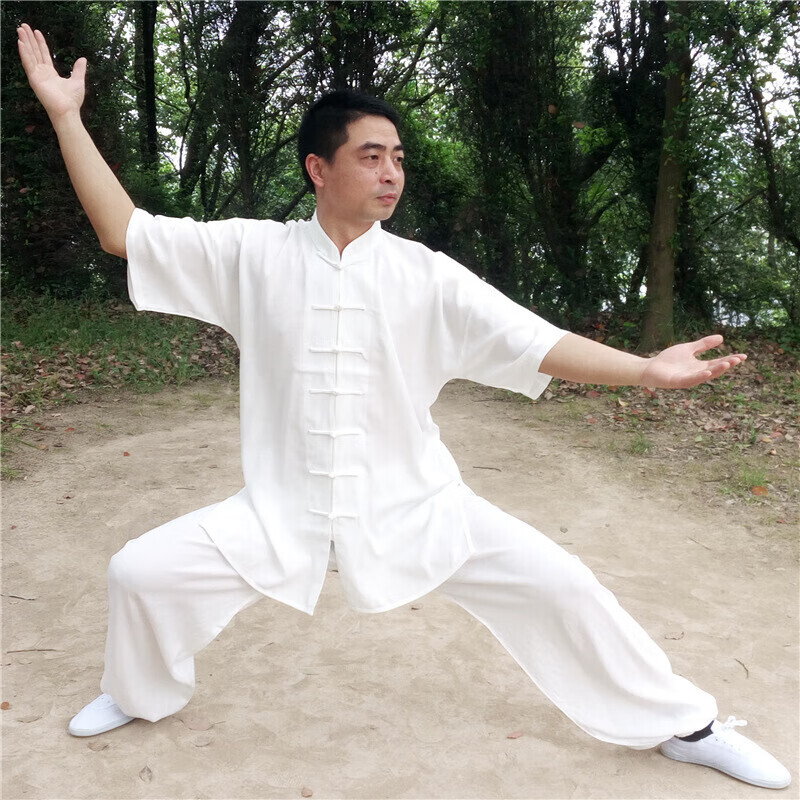 夏季短袖太極服棉麻武術(shù)練功服男功夫服亞麻中袖太極拳服表演服裝 白色 上衣+褲子一套 XL
