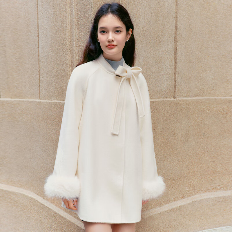 乐町甜美少女A摆绑带设计毛呢外套冬季新款袖口拆卸毛毛大衣 雪白色(现货) XS