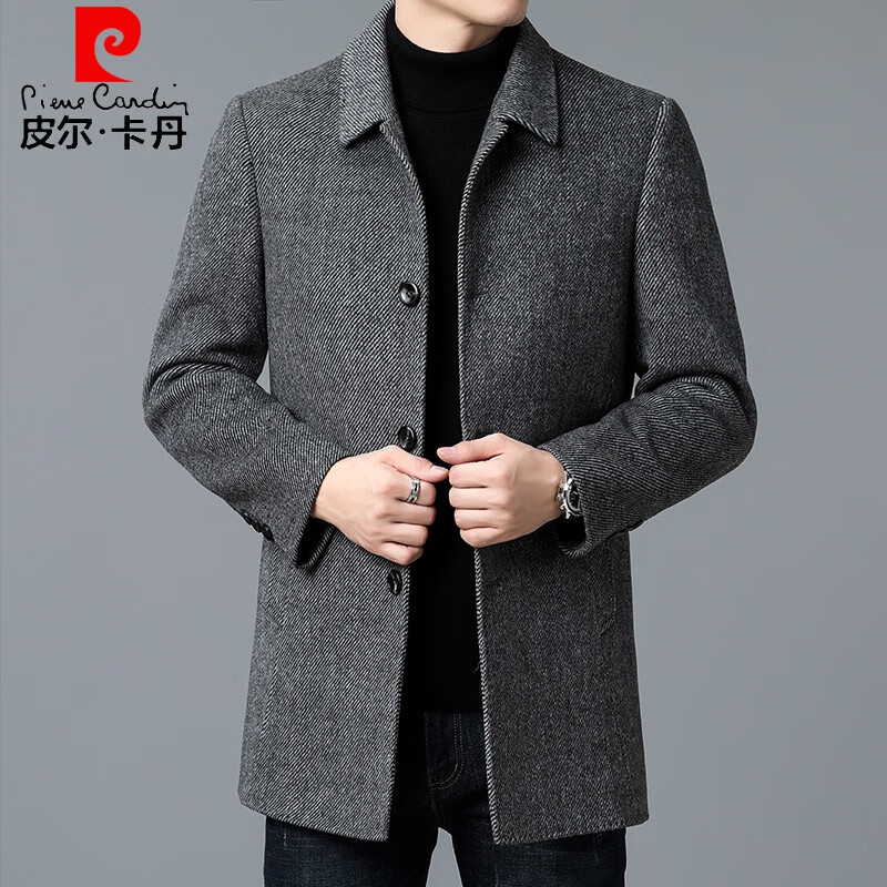 皮尔卡丹品牌高档双面呢大衣男中长款商务休闲高端羊毛呢外套加厚羊绒风衣 灰色 Y2007款 190/104A