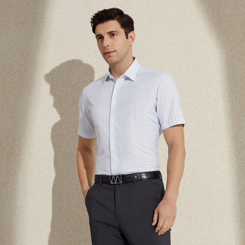 MAYOR男装衬衫 春夏ALUMO高支全棉面料大蓝白格商务短袖衬衫 蓝色 38