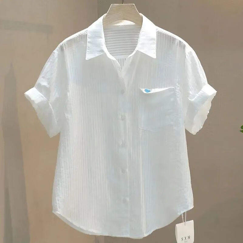 丙伦女衬衫高档高端大气春秋款夏季韩版刺绣爱心单口袋设计感竖条纹薄