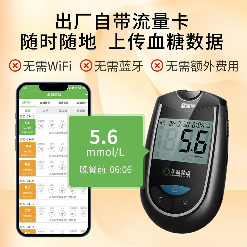 华益精点EZ-8 SIM血糖仪 医院同款家用自测高精准血糖检测仪100试纸套装 EZ-8 SIM 血糖仪100试条套装