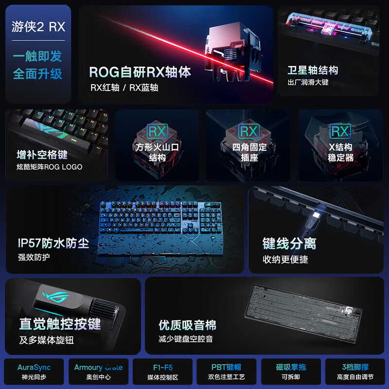 ROG玩家国度 游侠2 RX 光轴机械键盘 有线游戏键盘 RGB背光 键线分离 防水防尘键盘104键 RA外设 红轴 PBT版