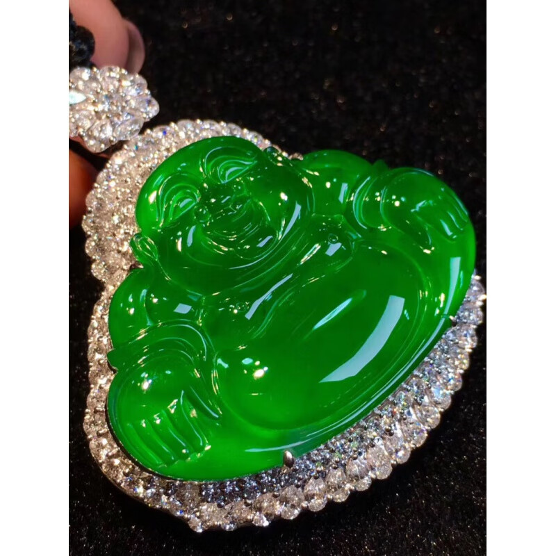 玉旺轩  帝王绿佛公吊坠缅甸高端翡翠冰种玉观音弥勒笑佛项链满阳绿色